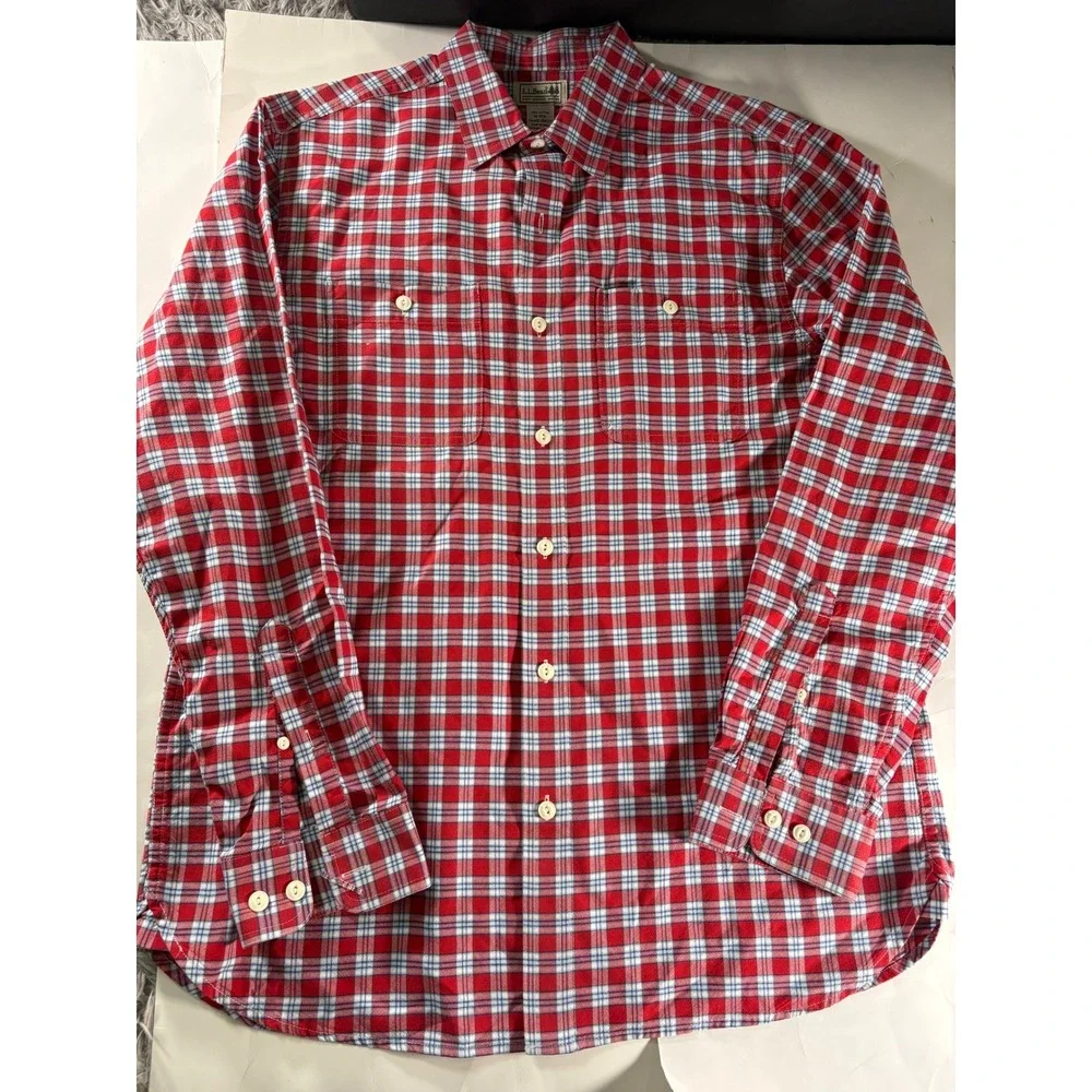 LL Bean Mens Medium Plaid Button Up Shirt Red Blue Long‎ Sleeve Cotton Outdoor